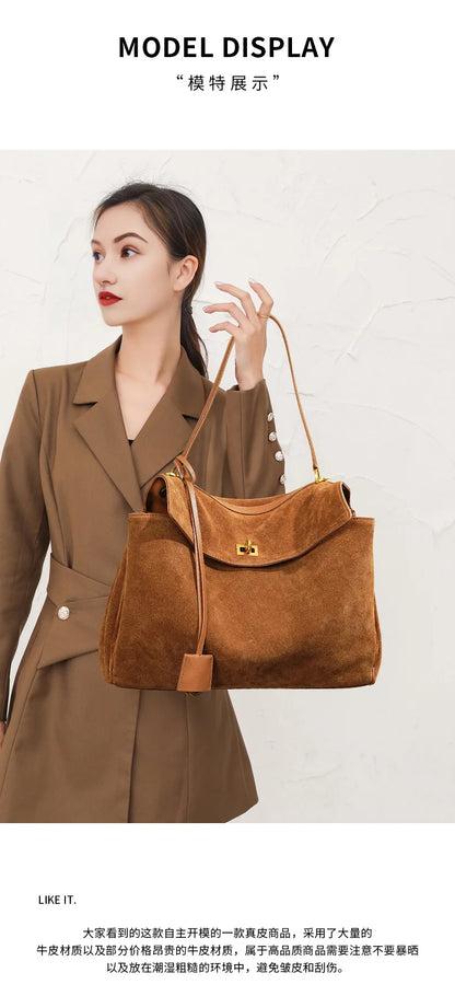 Autumn Winter Suede Leather Tote – Frosted Cowhide High-Capacity Shoulder Kelly Bag
