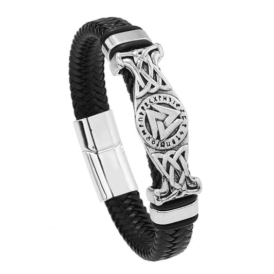 Vintage Viking Woven Leather Bracelet – Nordic Celtic Knot Valknut Symbol, Magnetic Bangle for Men