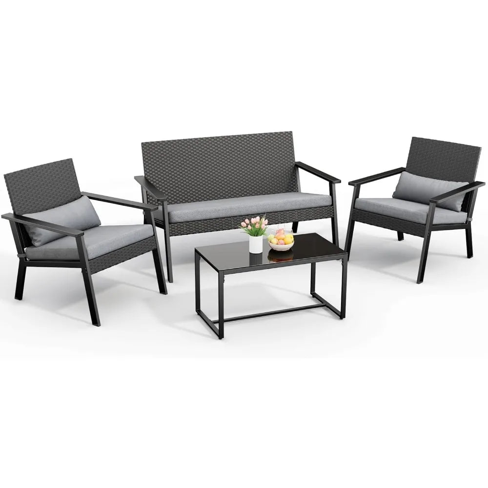 4-Piece Wicker Patio Furniture Set with Cushions & Table – Outdoor Seating for Balcony, Backyard & Porch