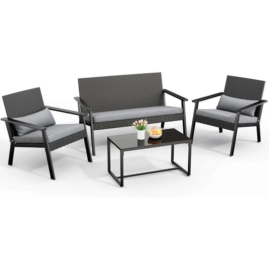 4-Piece Wicker Patio Furniture Set with Cushions & Table – Outdoor Seating for Balcony, Backyard & Porch
