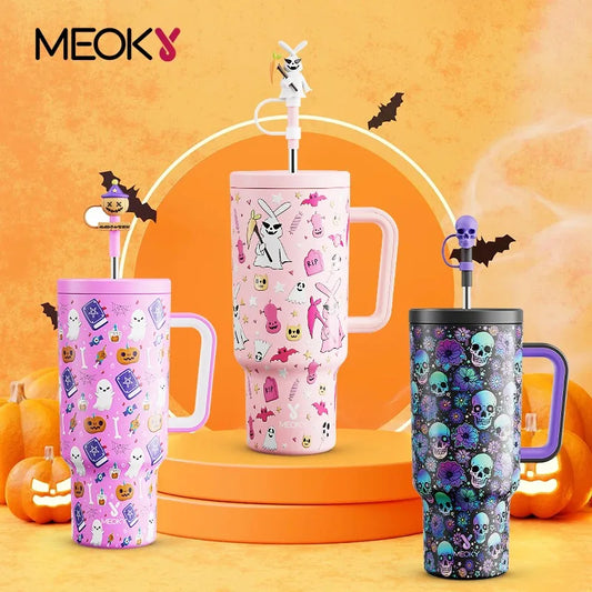 Meoky 40oz Halloween Tumbler with Straw – Insulated Stainless Steel Coffee Cup, Leak-Proof, Non-Slip, Portable Vacuum Car Mug
