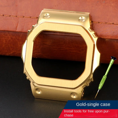 Stainless Steel Metal Case & Strap for Casio G-SHOCK DW5600, GW-M5610, 5000 & GW-B5600 – Gold & Black Modified Watchband