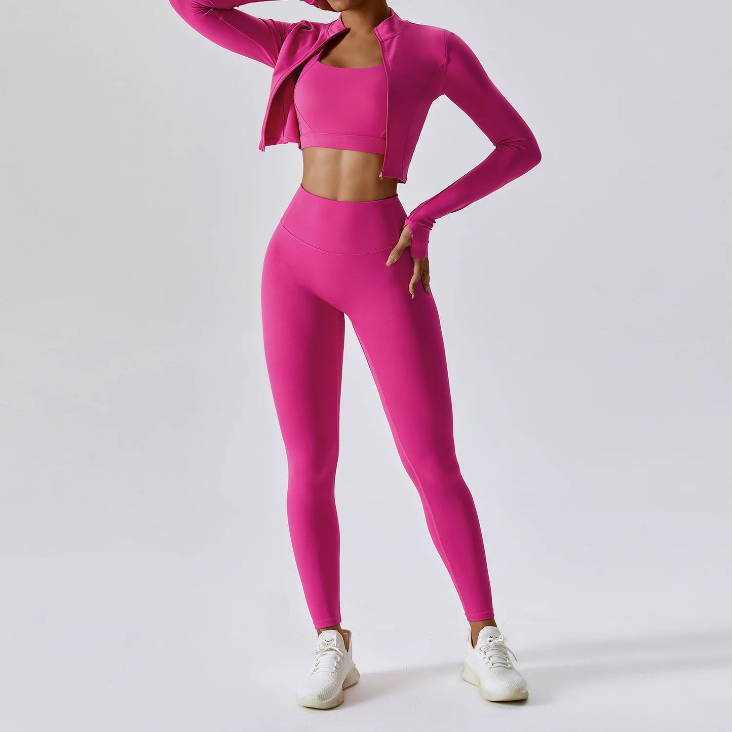 3PCS Women’s Yoga & Workout Set – Long Sleeve Zipper Top with High Waist Leggings Fitness Sportswear