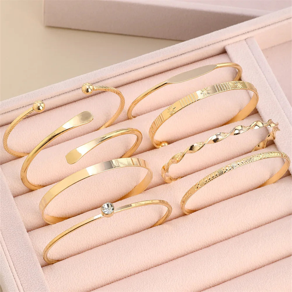 8Pcs Fashion Twist Texture Crystal Geometric Bangle Bracelet Set for Women – Statement Jewelry Accessories