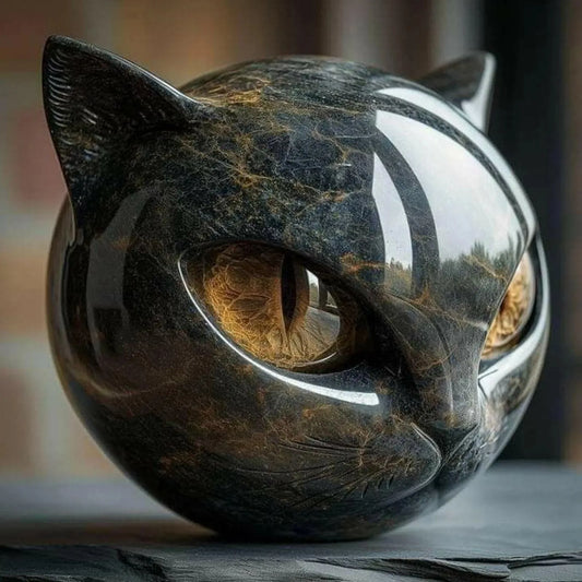 Black Cat Stone Figurine – Marble Texture Resin Cat Head Keepsake Desk Decor, Healing Style Home & Office Ornament