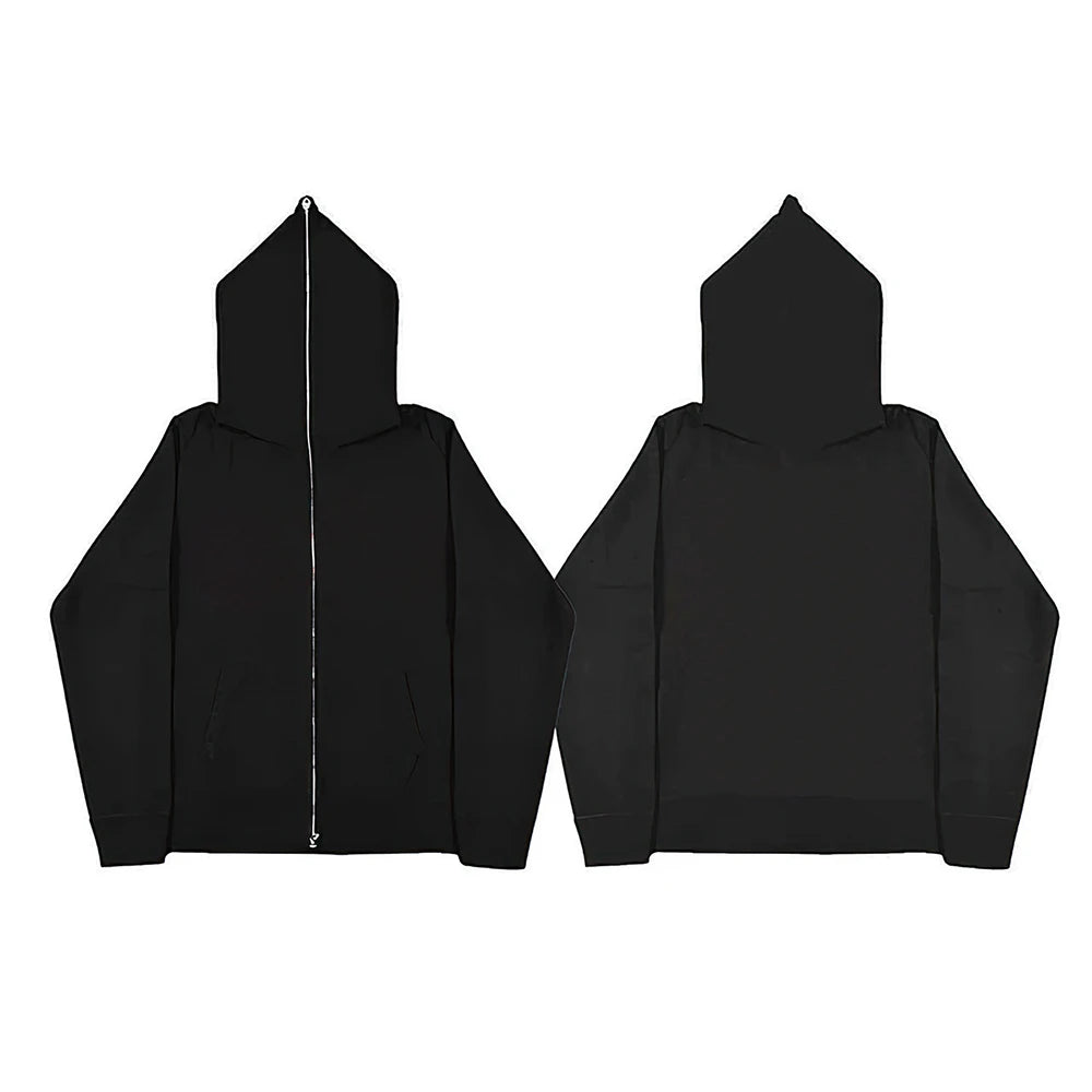 Men’s Harajuku Zip-Up Hoodie Jacket – Retro Black Oversized Long Sleeve Sweatshirt Coat