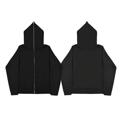 Men’s Harajuku Zip-Up Hoodie Jacket – Retro Black Oversized Long Sleeve Sweatshirt Coat