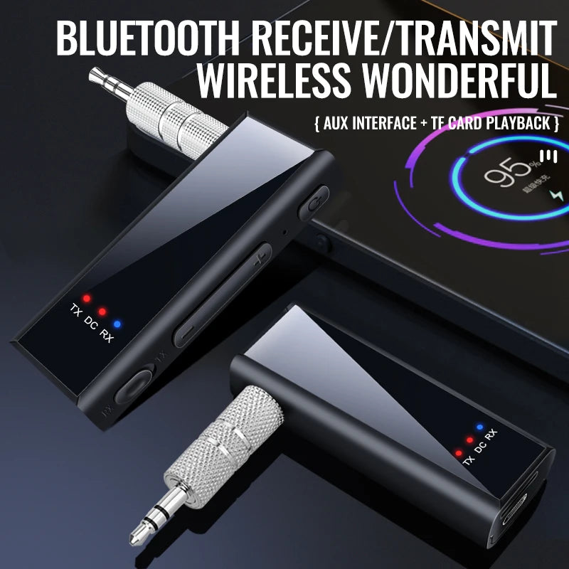 Bluetooth 5.4 Audio Transmitter Receiver – 3.5mm AUX Wireless Adapter with Mic & TF Card Support for Car, TV, PC
