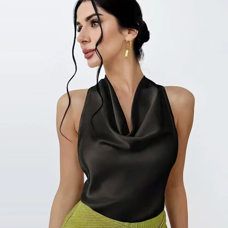 HXAO Women’s Satin Halter Top – Summer 2025 Black & Yellow Crop Tank, Off-Shoulder Sleeveless Backless Vest