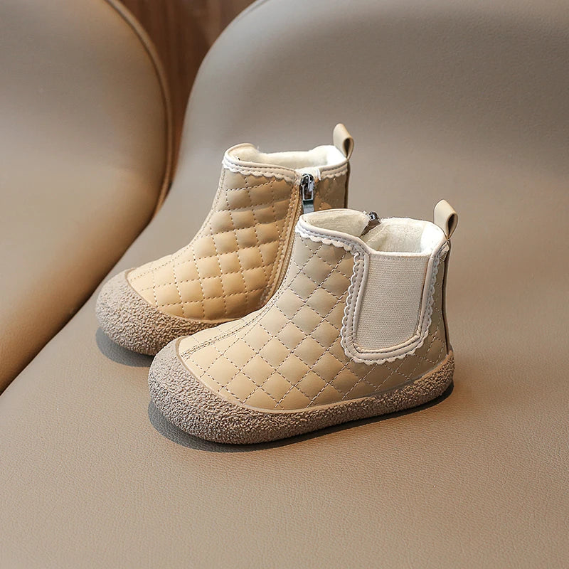 Autumn Winter Baby Girls Boots — Waterproof, Windproof, Non-Slip Plush Ankle Shoes for Kids