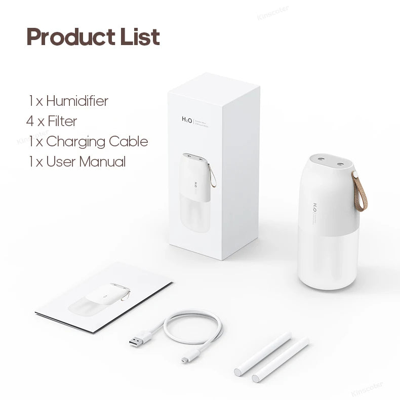 KINSCOTER Portable Double Mist Air Humidifier – 300ml Cold Mist Diffuser, 2000mAh Car Air Purifier & USB Mini Air Freshener