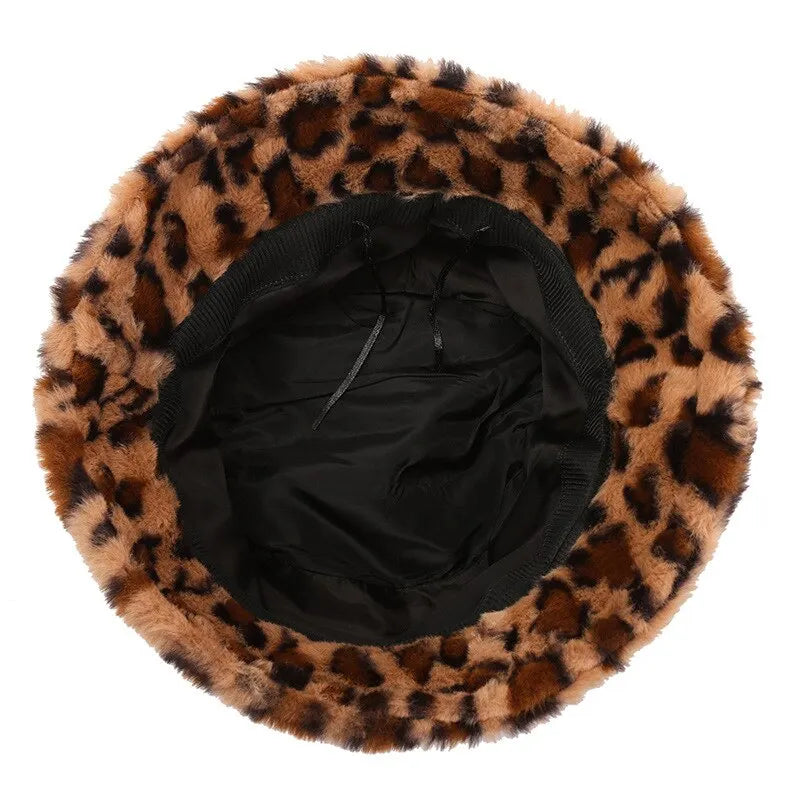 Women’s Winter Leopard Print Fisherman Hat – Versatile Plush Bucket Hat, Warm Pot-Style Headwear