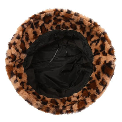 Women’s Winter Leopard Print Fisherman Hat – Versatile Plush Bucket Hat, Warm Pot-Style Headwear