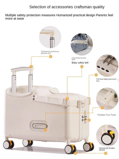 18-Inch Foldable Kids Suitcase with Seat – Lightweight PC Luggage for Boys & Girls, Compact Travel Pedal Boarding Case