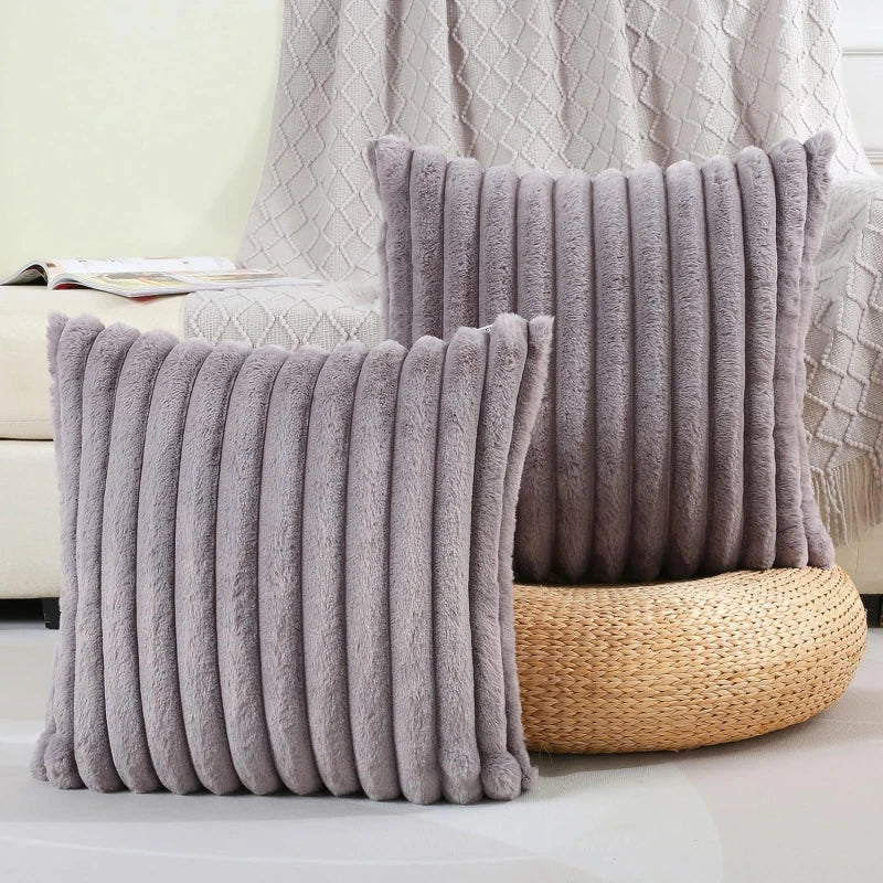 Faux Rabbit Fur Square Cushion Cover – Thick Striped Super Soft Solid Color Pillow, 45x45cm Sofa Decor