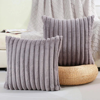 Faux Rabbit Fur Square Cushion Cover – Thick Striped Super Soft Solid Color Pillow, 45x45cm Sofa Decor