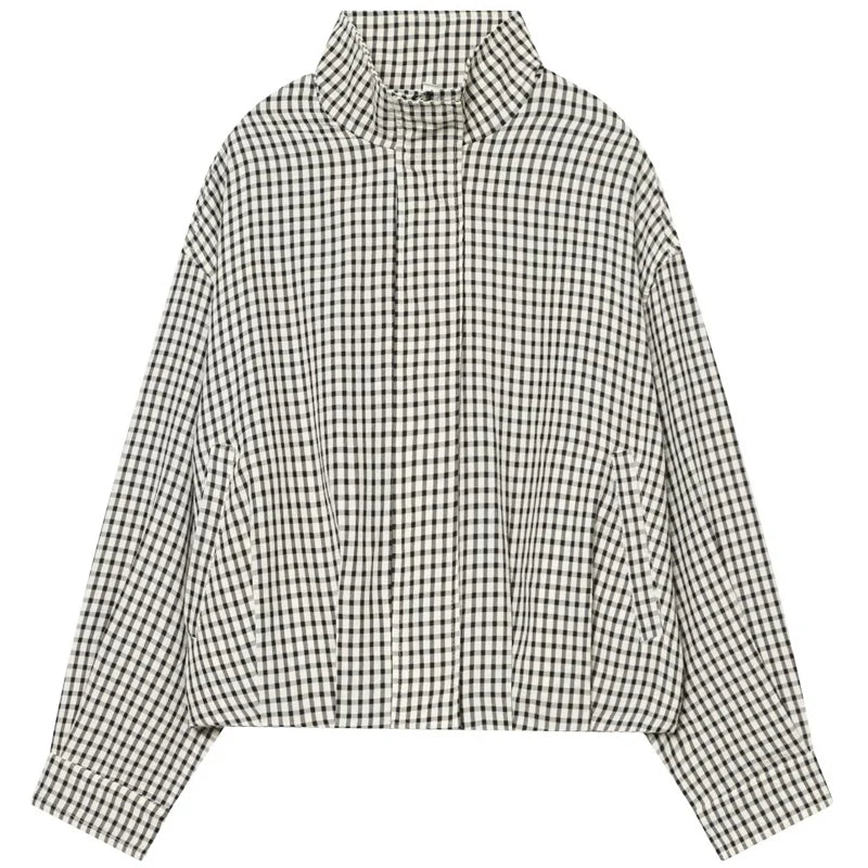 HXAO Plaid Bomber Jacket for Women - Oversized Cropped Long Sleeve Zipper Jacket for Spring & Autumn Casual Wear
