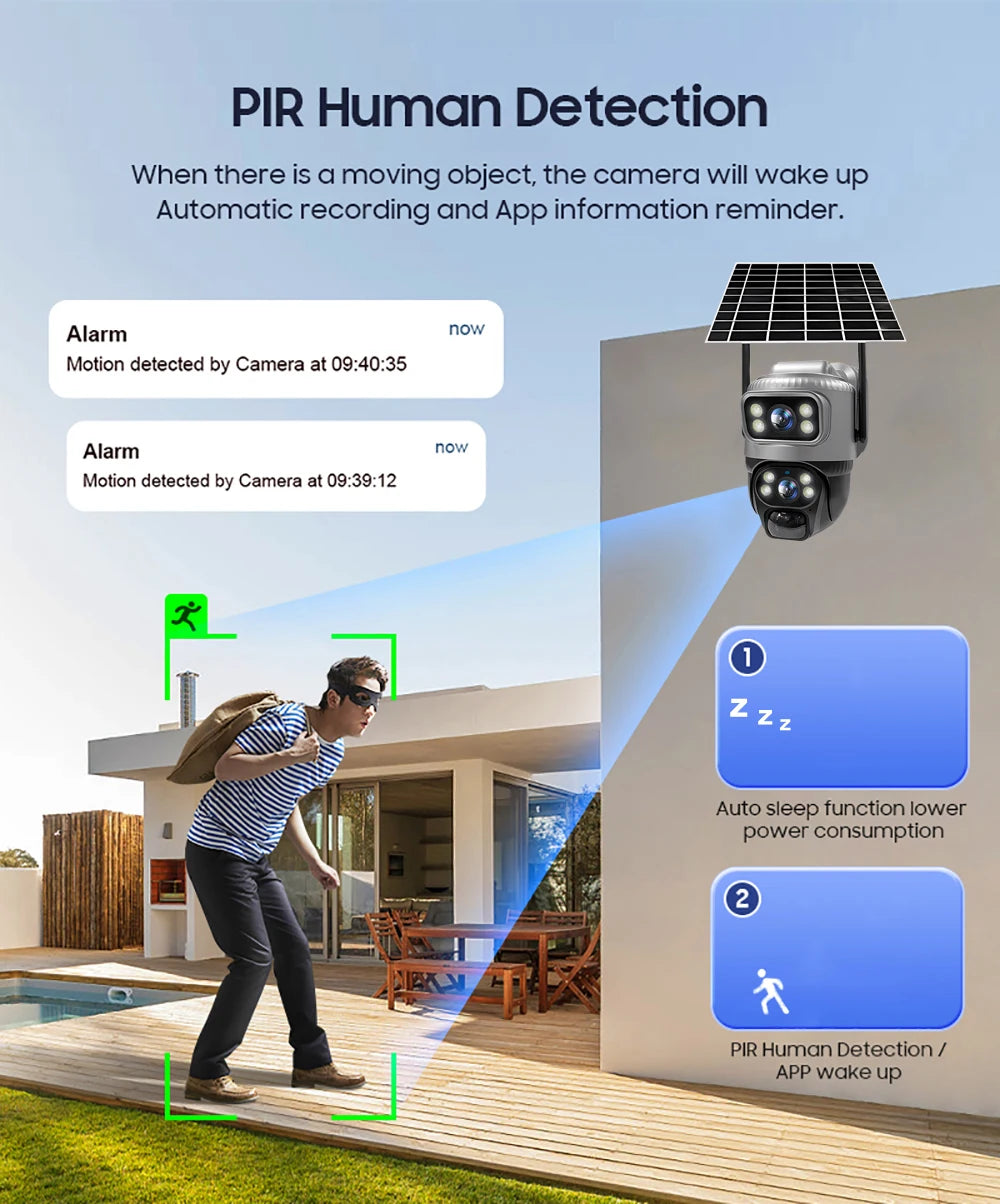 V380 Dual-Lens 4G Security Camera — 8MP 4K Solar IP Cam with PIR Motion Detection, Night Vision, Waterproof, Battery-Powered CCTV Monitor