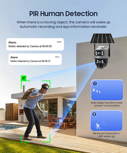 V380 Dual-Lens 4G Security Camera — 8MP 4K Solar IP Cam with PIR Motion Detection, Night Vision, Waterproof, Battery-Powered CCTV Monitor