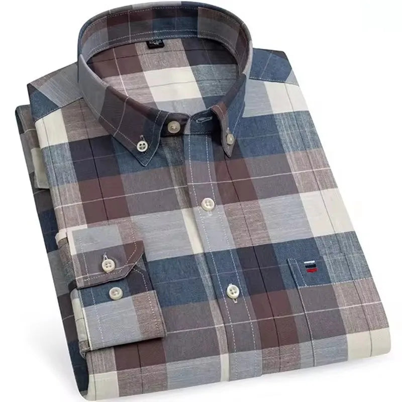 Men’s Checkered Oxford Shirt - Long Sleeve Cotton Button Down Gingham Top with Single Pocket 6XL-7XL