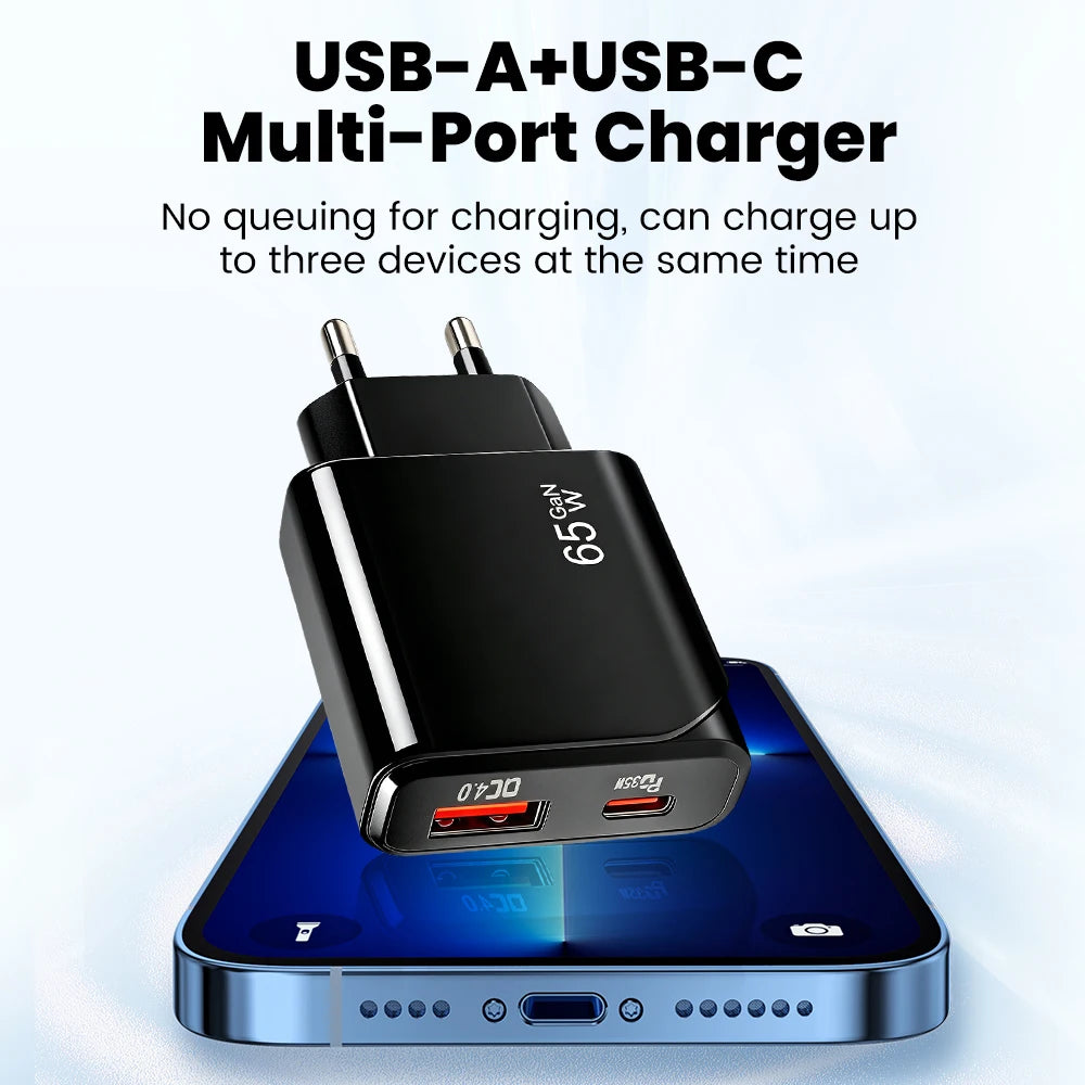 65W GaN USB-C Fast Charger – Ultra-Thin Dual-Port PD/QC Wall Adapter for iPhone, Samsung, and Xiaomi Devices