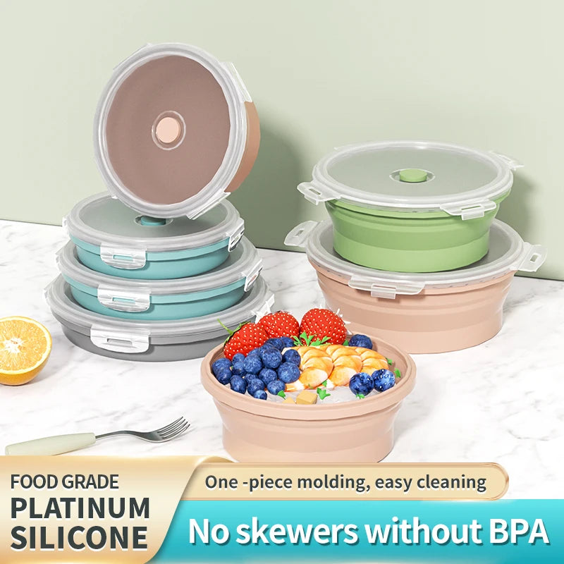 Collapsible Silicone Food Storage Container - Portable Lunch Box with Lid for Microwave & Freezer Use