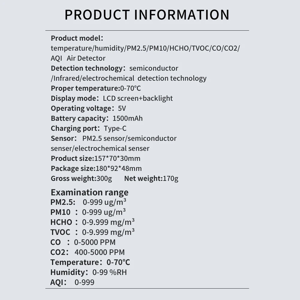 9-in-1 Air Quality Detector – Digital LCD Monitor for PM2.5, PM10, HCHO, TVOC, CO, CO2, AQI, Temperature, and Humidity