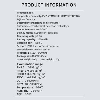9-in-1 Air Quality Detector – Digital LCD Monitor for PM2.5, PM10, HCHO, TVOC, CO, CO2, AQI, Temperature, and Humidity