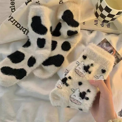 Cartoon Cow Mink Velvet Socks — Cute Cloud Plush Medium Tube Winter Socks for Women, Soft Indoor Stockings