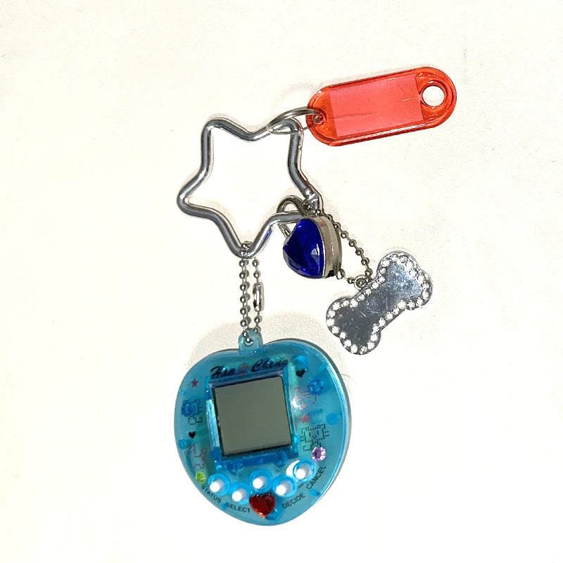 Korean Fashion Rainbow Game Console Keychain — Kawaii Harajuku Y2K Crystal Heart Lock DIY Bag Pendant Charm, Vintage Style