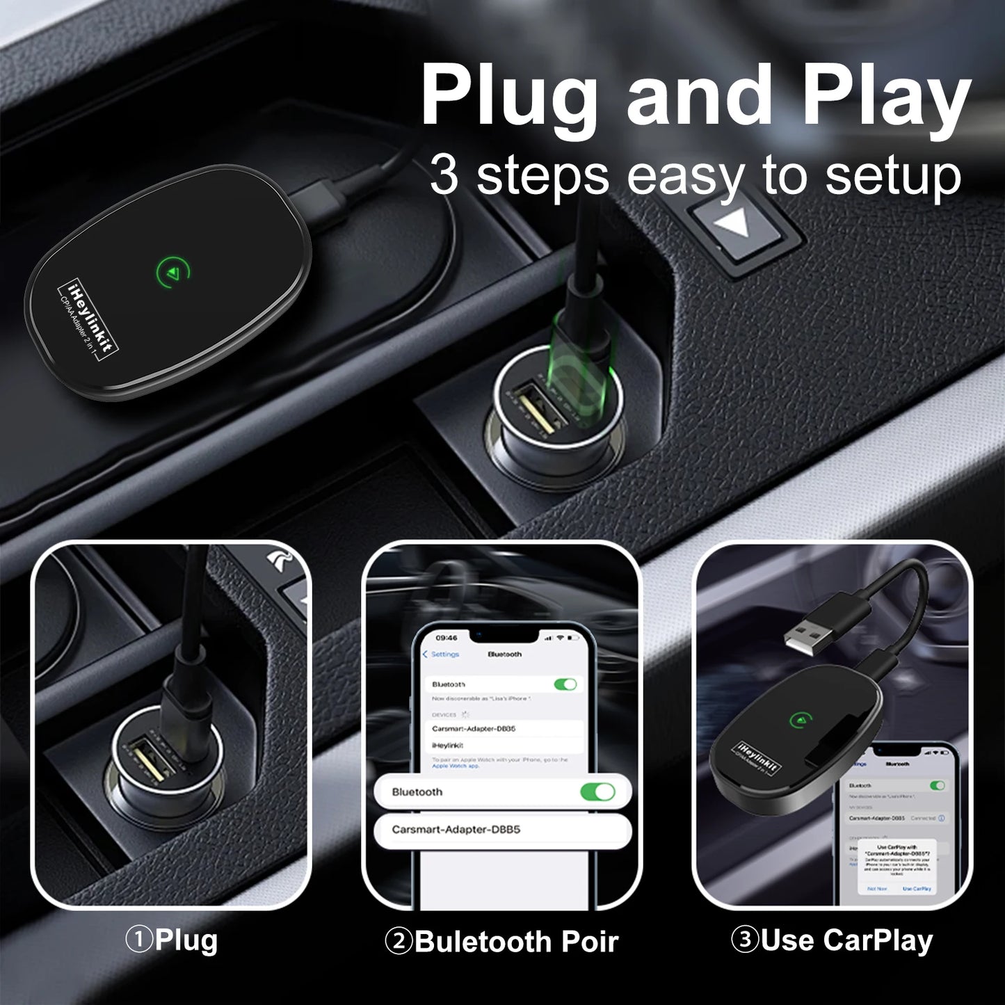 IHeylinkit Wireless CarPlay & Android Auto Adapter – Auto-Connect Dongle with Zinc Alloy Shell for Most Vehicles