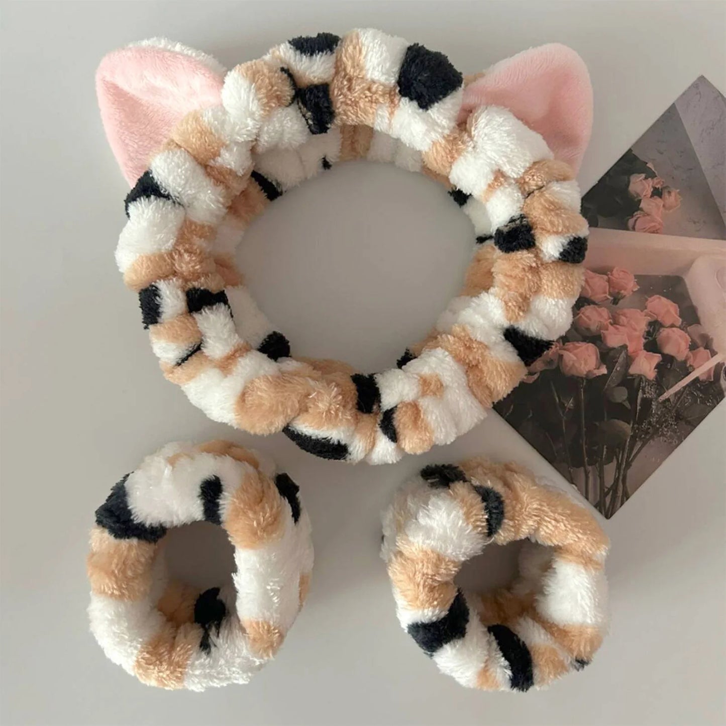3PCS Cat Ear Plush Headband Set - Soft Face Washing Headband with Wrist Straps for Girls