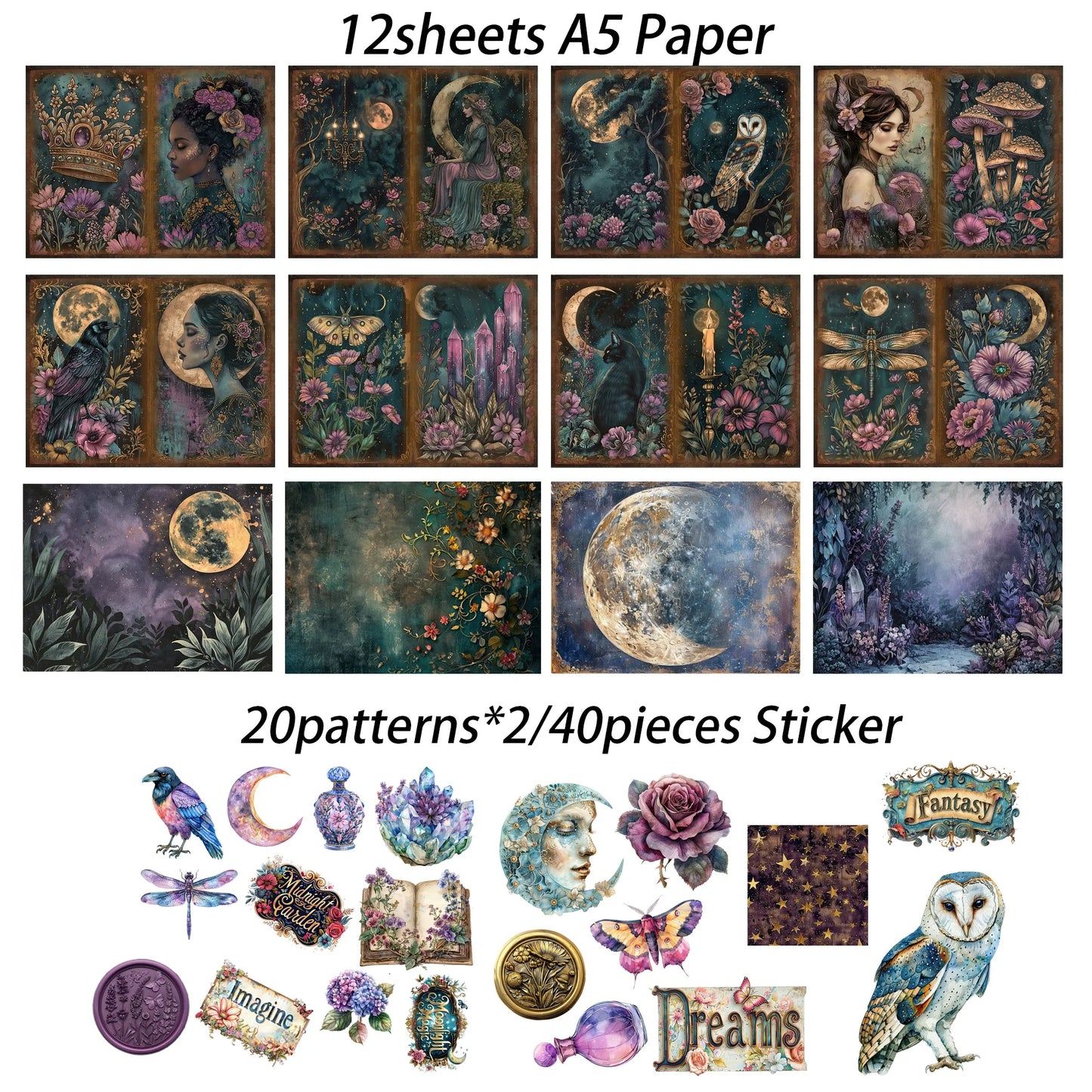 52 Piece Gothic Midnight Garden Scrapbook Set - Background Paper Pads & Stickers for Crafts, Holidays & Parties