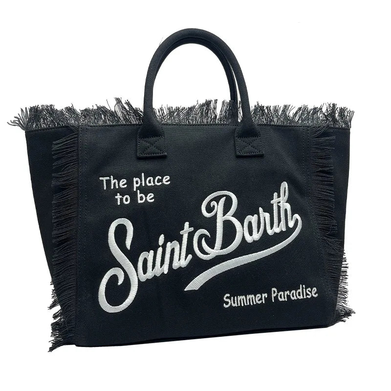Saint Barth Large Capacity Women's Beach Handbag – European & American Style, Deep Blue Striped Tassel Tote