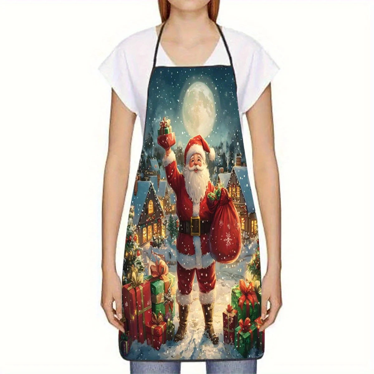 Christmas Apron – Santa Claus Snow Village Design with Moon, Festive Baking Apron for Holiday Cooking
