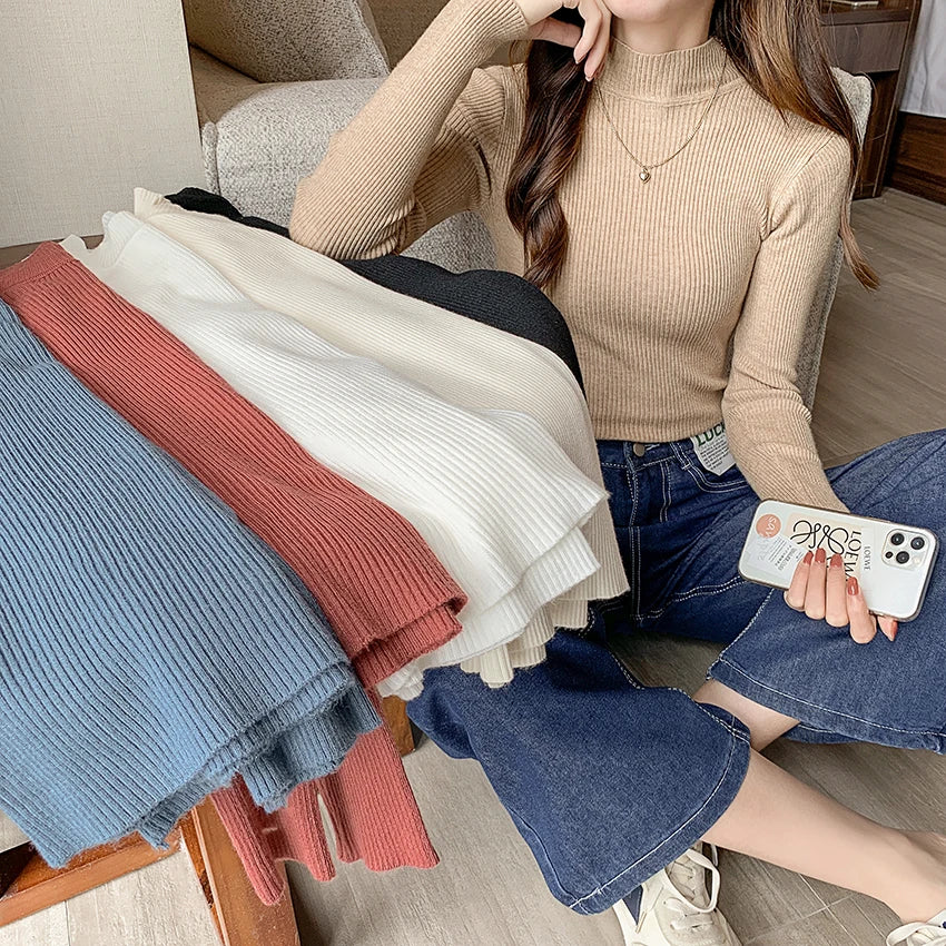 Autumn Winter Women's Mock Neck Sweater - Vintage Solid Knitted Casual Slim Pullover, Chic Korean Jumper Tops