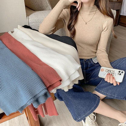 Autumn Winter Women's Mock Neck Sweater - Vintage Solid Knitted Casual Slim Pullover, Chic Korean Jumper Tops
