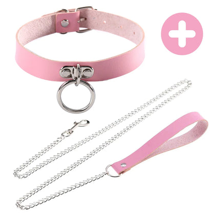 Pink Gothic Punk Collar Necklace - Cute Adjustable Couple Role-Play Choker with Matching Lanyard, Gift for Her