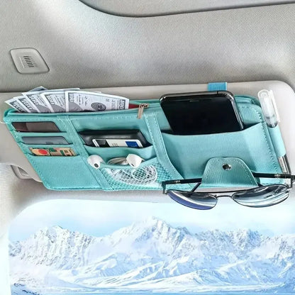 Car Sun Visor Organizer – Sunglass & Mobile Holder, Multi-Pocket Card Storage Pouch for Auto Interior