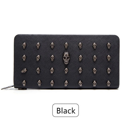 Women's Gothic Skull Head Long Wallet – Black Handheld Mobile Wallet with Wrist Strap & Card Clip