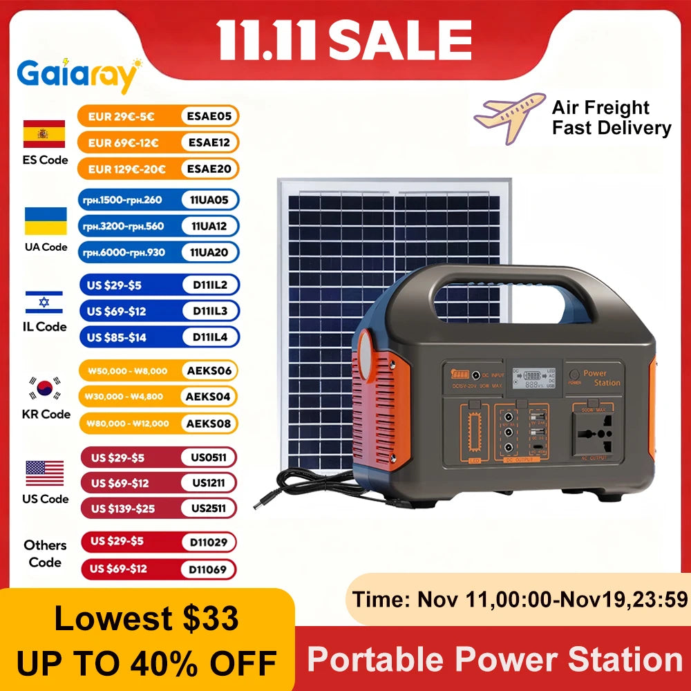 300W/500W Portable Solar Power Station – 460Wh LiFePO4 Battery Energy Storage with 110V/220V Output & LED for Camping, RV, and Travel