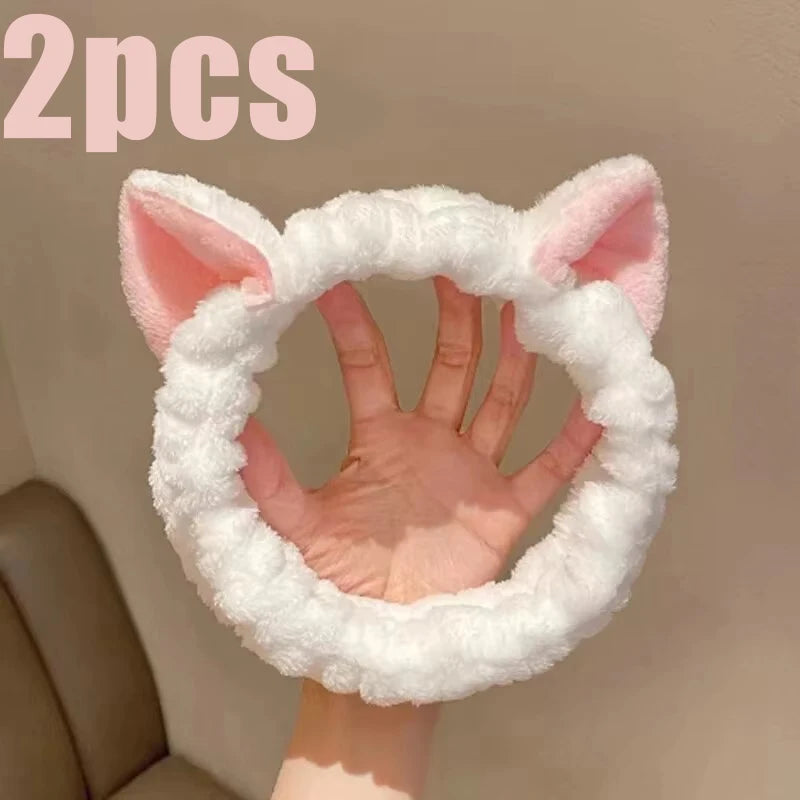 Cat Coral Plush Headband - Soft Cute Hair Bow Band for Face Washing, Makeup and Girls