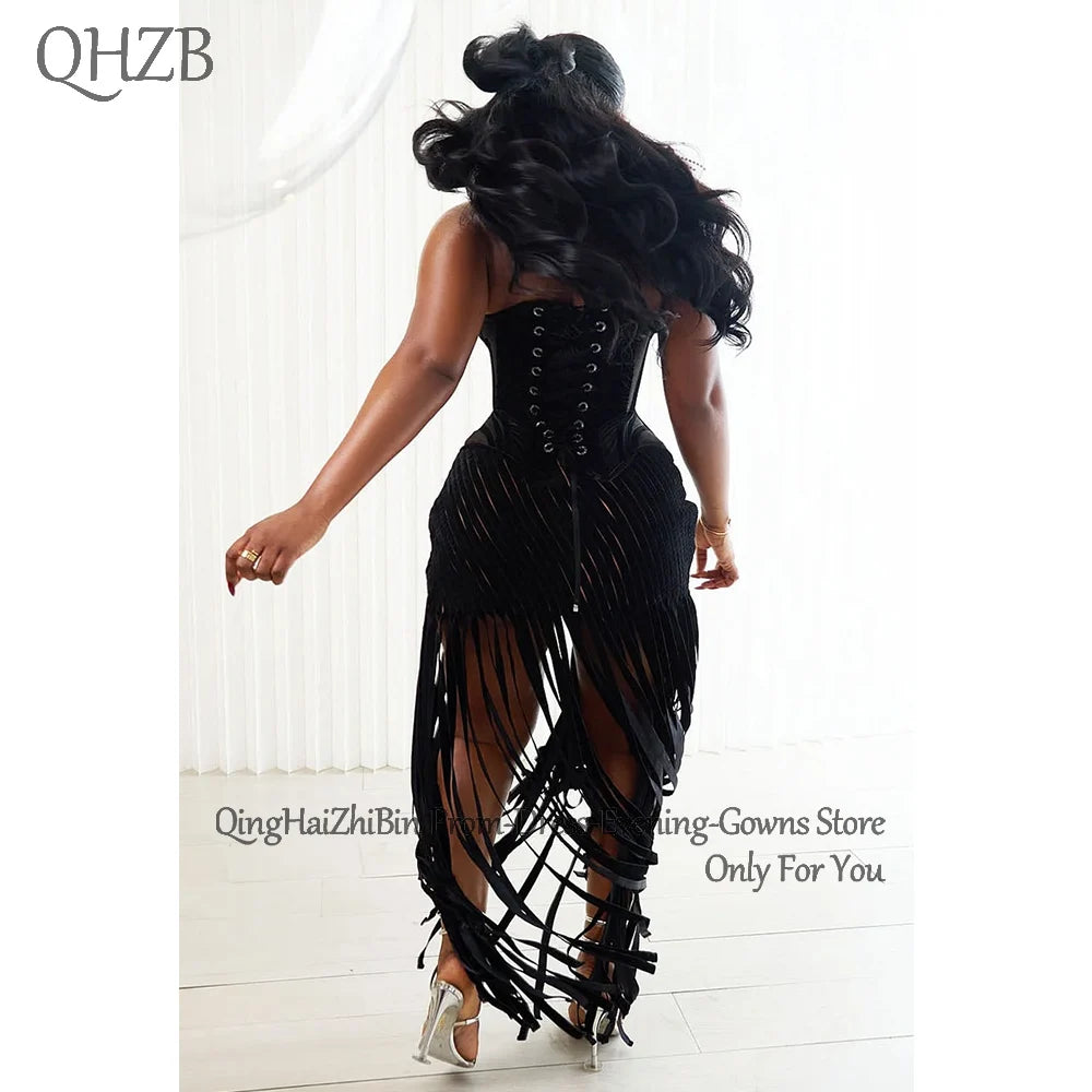 Customized Elegant Black Tassel Cocktail Dress – Women’s Sweetheart Long Prom Party Birthday Dress Summer 2025
