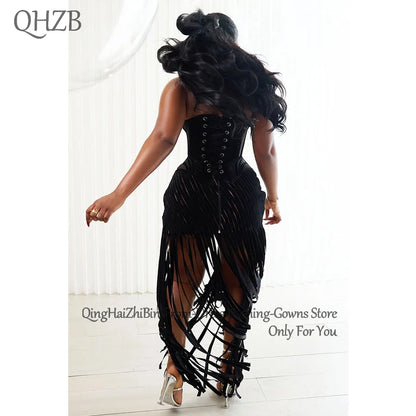 Customized Elegant Black Tassel Cocktail Dress – Women’s Sweetheart Long Prom Party Birthday Dress Summer 2025