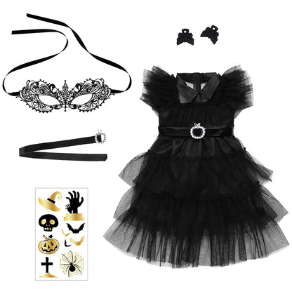 18-Inch Girl Doll Halloween Dress – Wednesday Outfit for 43–45cm American Girl Dolls, Skirt & Toy Gift Set