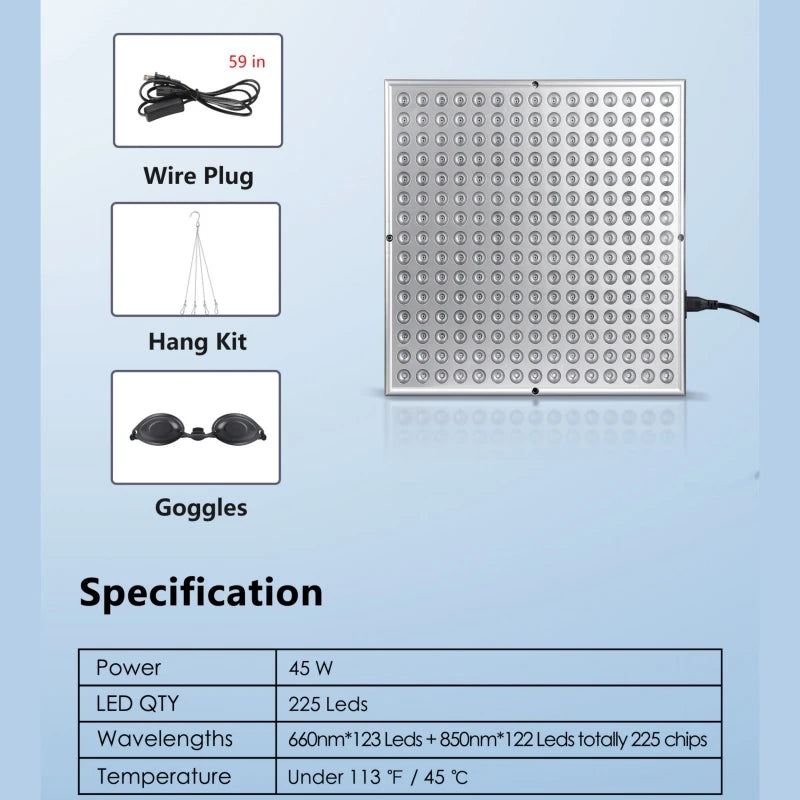 LED Red Light Therapy Panel Lamp – Anti-Aging Facial Skin Care, 225 LED Lights for Body Pain Relief & Physical Therapy