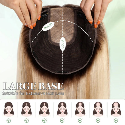 Brown Blonde Highlight Remy Human Hair Toppers – 16 Inch Straight Clip-In Silk Base Hairpiece for Women, Topper Hair Extensions