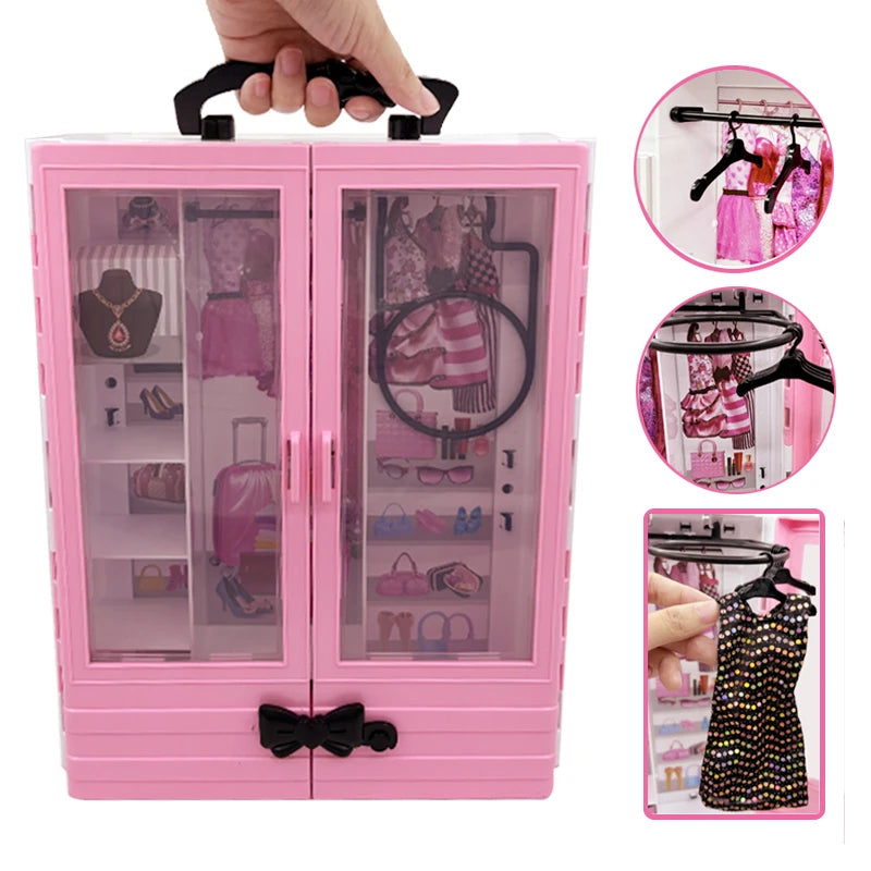 Pink Doll Wardrobe Playset with 10 Hangers – Fold-Out Portable Closet Fashion Toy Gift