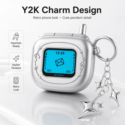 Retro Flip Phone AirPods Case - Y2K Matte Silver Earbuds Cover with Pendant Charm