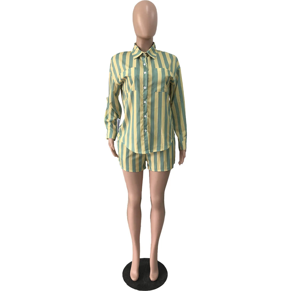 2025 Women’s Casual Striped Shorts & Long Sleeve Shirt Set – Spring Summer Office & Vacation Outfit